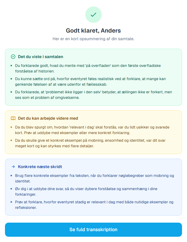 Elevens resultat efter samtalen: styrker, forbedringsområder og næste skridt