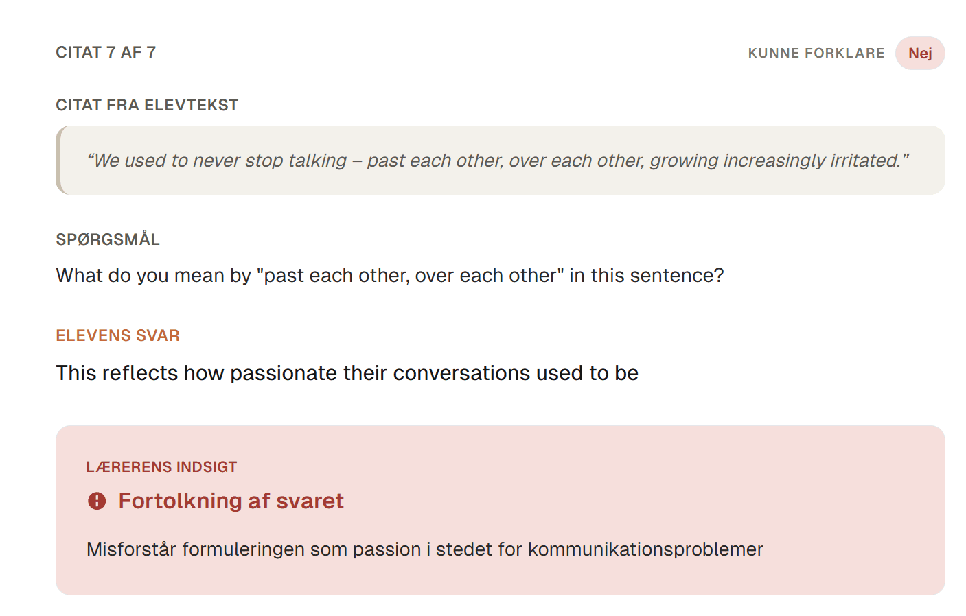 Lærerrapport: citatbaseret evidens med forståelsesvurdering, styrker og huller