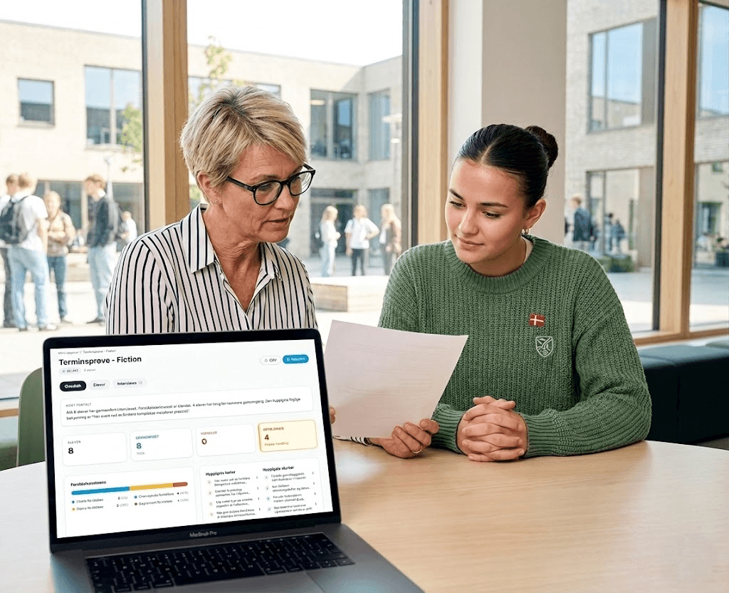 Lærer og elev sidder sammen ved en bærbar computer og gennemgår en rapport fra Evaluator